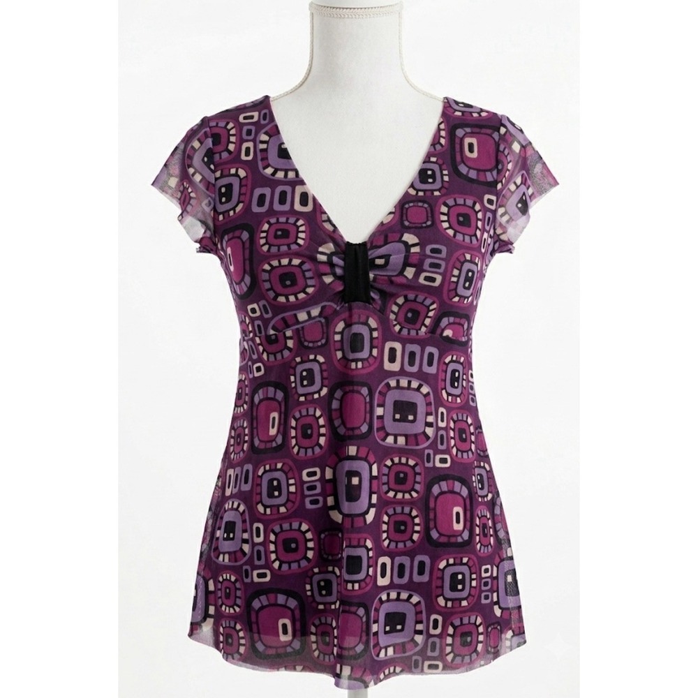 90s Y2K Sweet Pea Mesh Baby Doll Top S Geometric Print Retro Mall Girl Aesthetic
